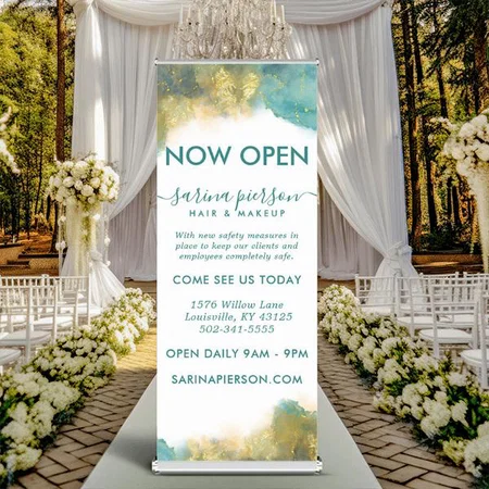 Teal And Gold Modern Art Liquid Watercolor Customized Photo Printed Roll Up Standee Banner