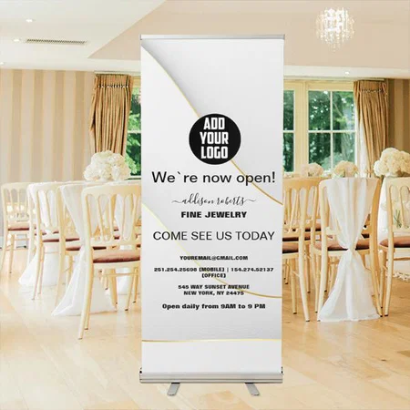 Glam Grand Opening White and Gold Business Customized Photo Printed Roll Up Standee Banner
