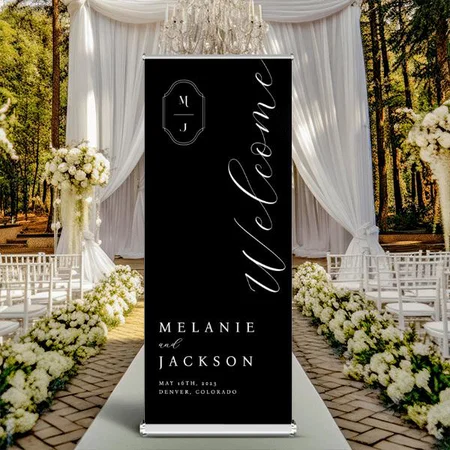 Welcome Black & White Monogram Customized Photo Printed Roll Up Standee Banner
