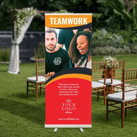 Modern Bold Yellow Red Color Company Trade Show  Customized Photo Printed Roll Up Standee Banner
