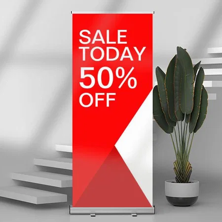 Red And White Shape Vector Design Customized Photo Printed Roll Up Standee Banner