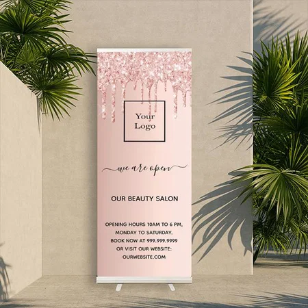 Hair Beauty Salon Rose Gold Glitter Design Customized Photo Printed Roll Up Standee Banner