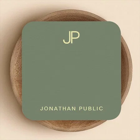 Modern Professional Green Plain Gold Monogram Customized Square Visiting Card