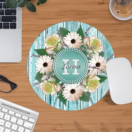 Rustic Floral Barn Wood Monogram Customized Printed Circle Mousepad Photo Mouse Pad