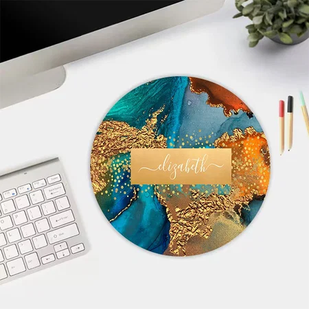 Gold Turquoise Orange Marble Watercolor Monogram Customized Printed Circle Mousepad Photo Mouse Pad