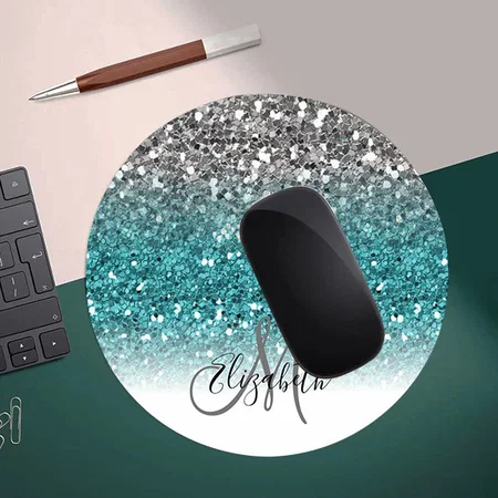 Teal Silver Ombre Glitter Design Customized Printed Circle Mousepad Photo Mouse Pad