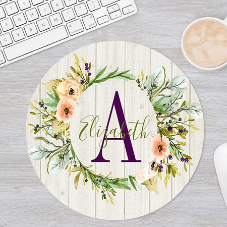 Pretty Watercolor Floral Wreath Monogram Customized Printed Circle Mousepad Photo Mouse Pad