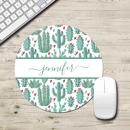 Whimsical Green White Cactus Pattern Monogram Customized Printed Circle Mousepad Photo Mouse Pad