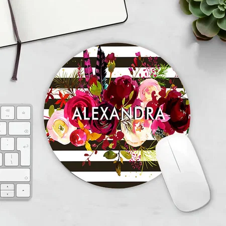 Boho Burgundy Floral Black and White Stripes Customized Printed Circle Mousepad Photo Mouse Pad