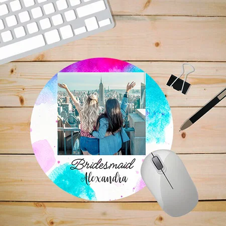 Pink Blue Watercolor Photo Frame Customized Printed Circle Mousepad Photo Mouse Pad
