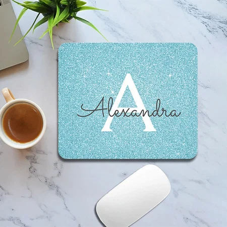 Teal Blue Sparkle Glitter Monogram Customized Printed Rectangle Mousepad Photo Mouse Pad