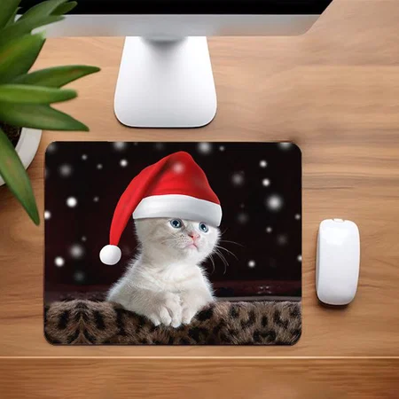 White Cat in Santa Claus Hat Customized Printed Rectangle Mousepad Photo Mouse Pad
