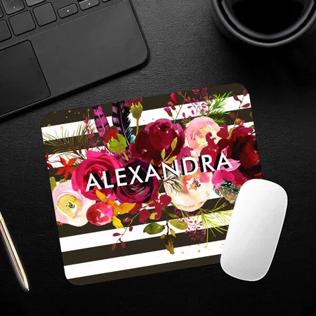Boho Burgundy Floral Black and White Stripes Customized Printed Rectangle Mousepad Photo Mouse Pad