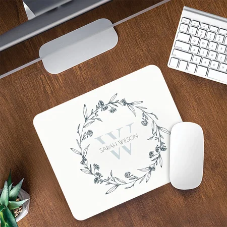 Simple Elegant Floral Laurel Wreath Monogram Customized Printed Rectangle Mousepad Photo Mouse Pad