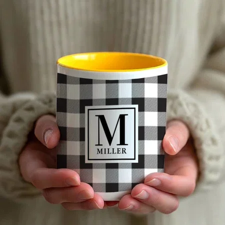 Modern Farmhouse Black Buffalo Check Monogrammed Customized Photo Printed Coffee Mug