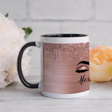 Rose Gold Glitter Sparkle Eyelashes Monogram Customized Photo Printed Coffee Mug