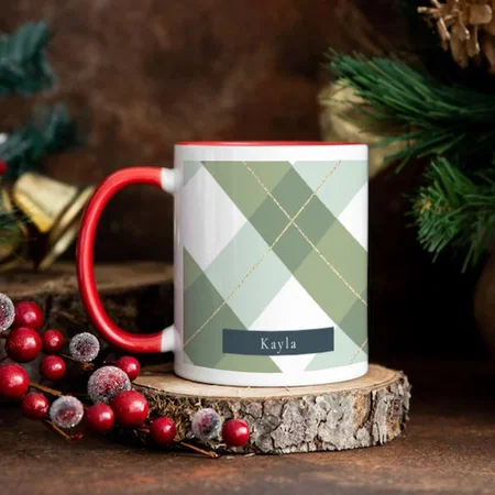 Sage Green & Gold Gingham Plaid Customized Photo Printed Coffee Mug