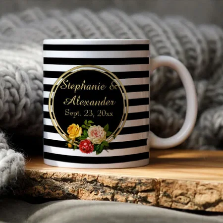 Vintage Floral Black and White Stripe Customized Photo Printed Coffee Mug