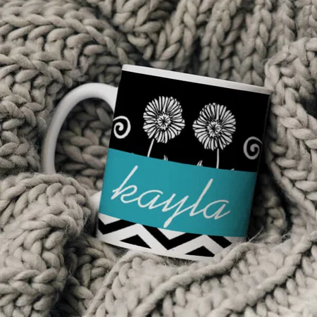 Floral Teal White & Black Customized Photo Printed Coffee Mug