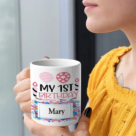 Pink My 1st Birthday With Candy Frame Customized Photo Printed Coffee Mug