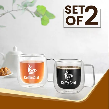 Customized Double Wall Glass Cups, 260 Ml, Insulated Tea &amp; Coffee Cups, Hot &amp; Cold Drinks, Microwave Safe, Stylish Espresso Chocolate Beverage, Pack of 2