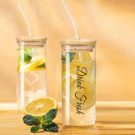 Customized Glass Mug with Straw for Milk/Coffee/Green Tea Cup Set of 1 - 510ml