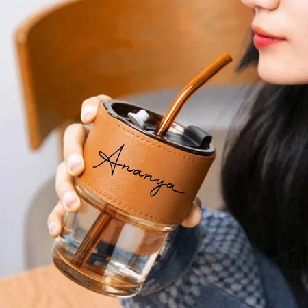 Customized Jar Drinking Glass with Straw 380ml, Brown Leather Sleeve, ups with Lids and Straws Iced Coffee Cup