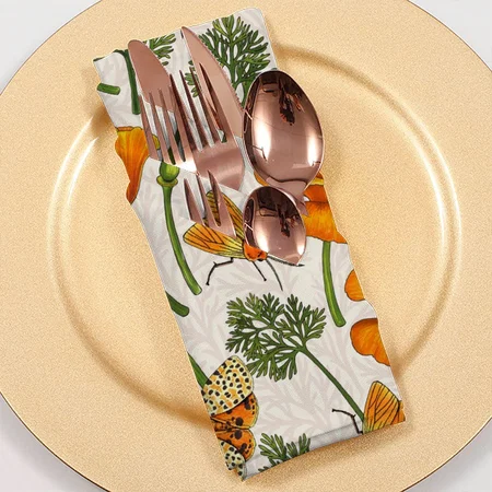 California Poppies And Moths On Off White Customized Full Print Cloth Napkin