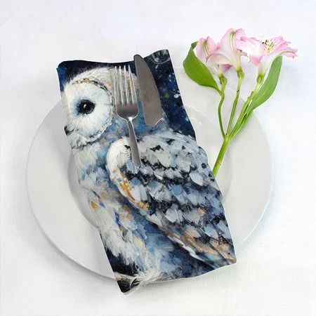 White Owl On Branch in Moonlight Painting Customized Full Print Cloth Napkin