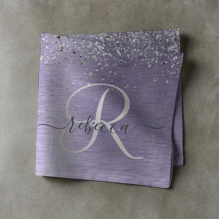 Purple Brushed Metal Silver Glitter Monogram Name Customized Full Print Cloth Napkin