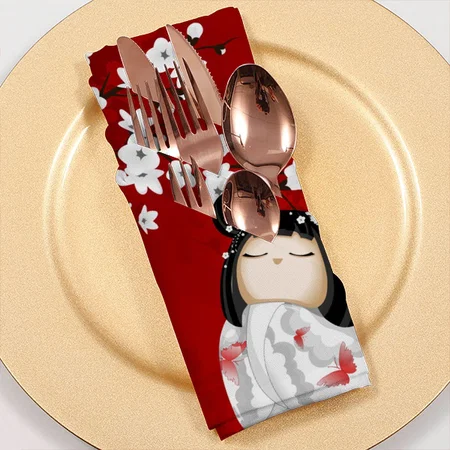 Kokeshi Doll Red Black White Cherry Blossoms Customized Full Print Cloth Napkin