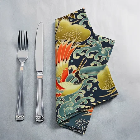 Antique Blue Gold Orange Japanese Kimono Bird Customized Full Print Cloth Napkin