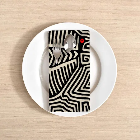 Panama Kuna Indian Mola Pajaro - Black White Customized Full Print Cloth Napkin