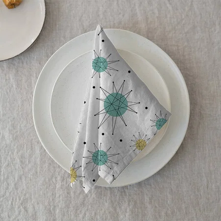 Aqua Blue Yellow Franciscan Starburst Mid-century Customized Full Print Cloth Napkin
