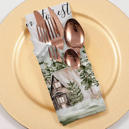 Watercolor Cabin in The Green Pine Forest Woodland Customized Full Print Cloth Napkin