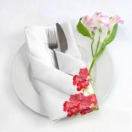 Red Watercolor Geraniums Customized Full Print Cloth Napkin