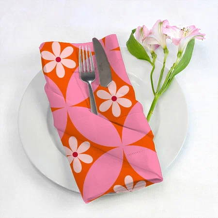 White Flowers on Mid Century Pink Circles Pattern Customized Full Print Cloth Napkin