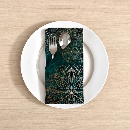 Elegant Gold and Teal Green Floral Mandala Pattern Customized Full Print Cloth Napkin