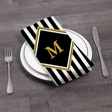 Elegant Black White and Gold Monogram Striped Customized Full Print Cloth Napkin
