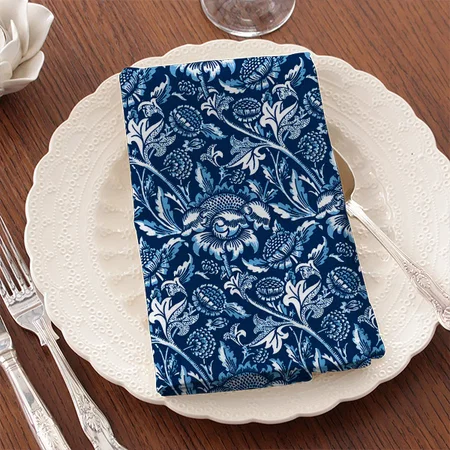 William Morris Sunflowers, Dark Blue and White Customized Full Print Cloth Napkin