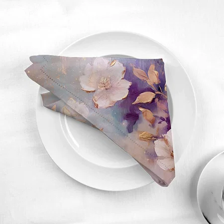 Feminine White Gold Purple Flowers Customized Full Print Cloth Napkin
