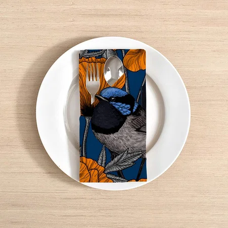 Fairy Wrens And Orange Poppy Flowers Customized Full Print Cloth Napkin