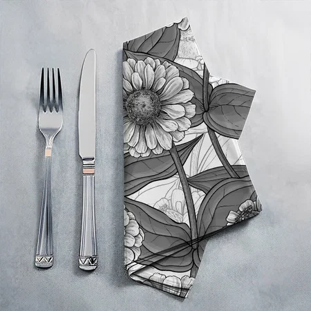 Zinnias Monochome On White Customized Full Print Cloth Napkin