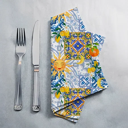 Mediterranean Sun, Flowers, Lemon, Half Moon Customized Full Print Cloth Napkin