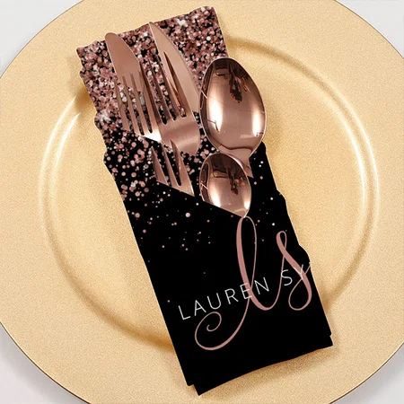 Rose Gold Blush Pink Glitter Glam Monogram Name Customized Full Print Cloth Napkin