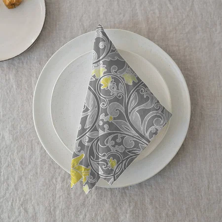 Modern Yellow and Gray Swirly Floral Customized Full Print Cloth Napkin