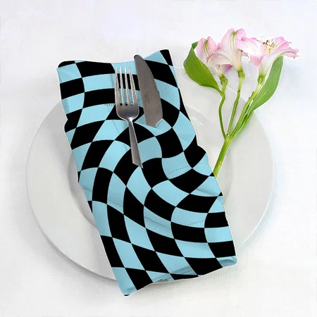 Retro Warped Black Blue Checks Checkered Customized Full Print Cloth Napkin