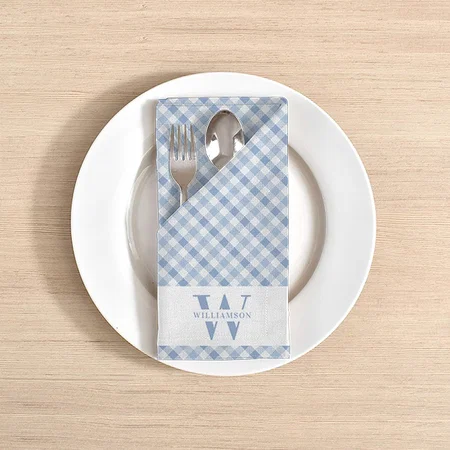 Modern Rustic Family Monogram Blue Gingham Plaid Customized Full Print Cloth Napkin