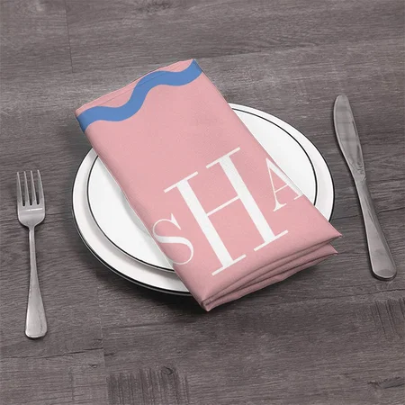 Blue on Pink Three Letter Monogram Wavy Square Customized Full Print Cloth Napkin