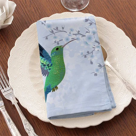 Green Hummingbird With Blue Cherry Blossom Customized Full Print Cloth Napkin